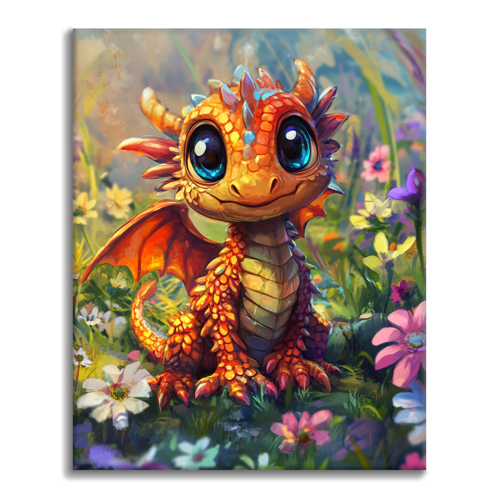 Cucciolo di drago allegro nei campi in fiore - Dipingere con i Numeri