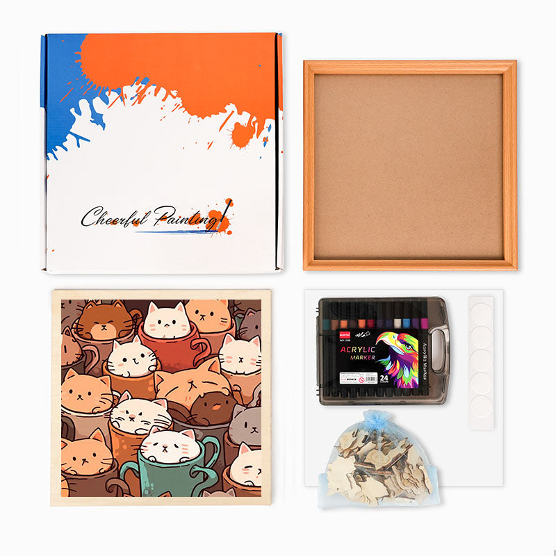 Gatti nelle tazze - Puzzle in legno da colorare