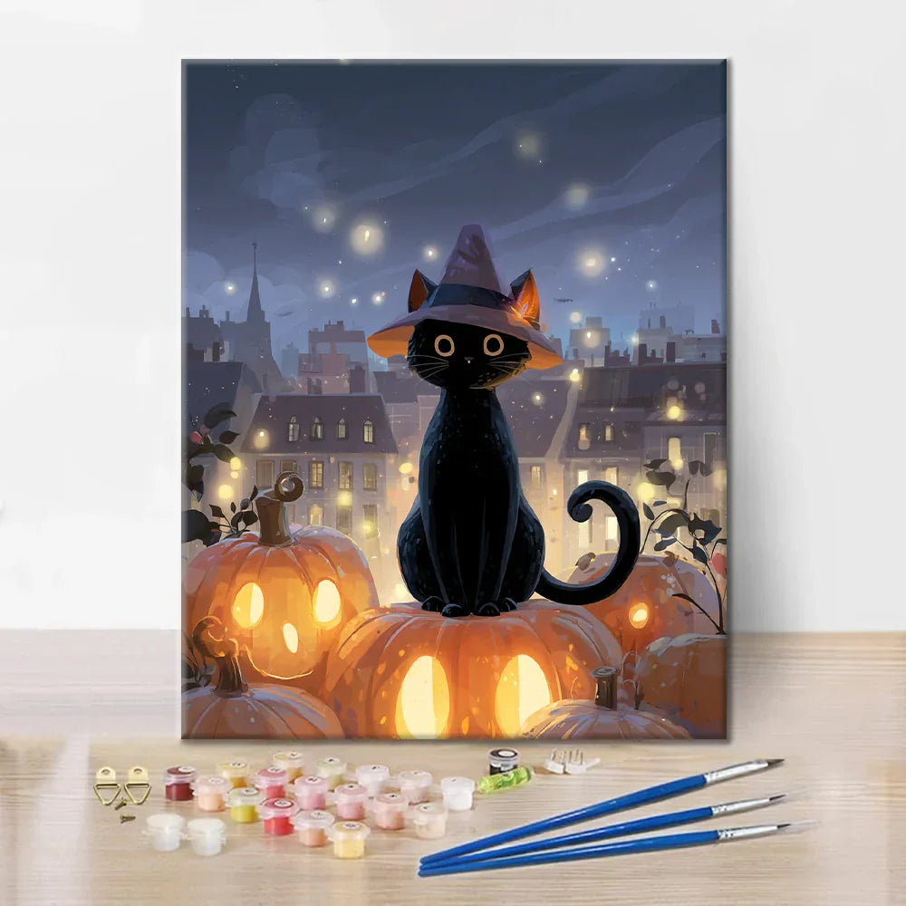 Gatto mago seduto su una zucca - Dipingere con i Numeri