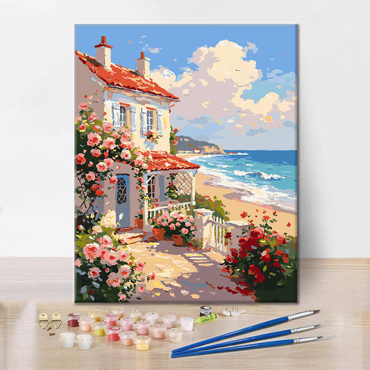 Cottage di rose sul mare - Dipingere con i Numeri