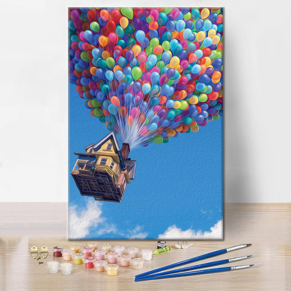 Casa volante con palloncini colorati - Dipingere con i Numeri