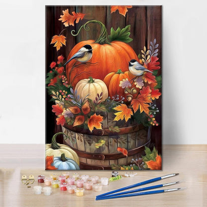 Foglie di uccello e zucca autunnale - Dipingere con i Numeri