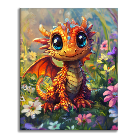 Cucciolo di drago allegro nei campi in fiore - Dipingere con i Numeri