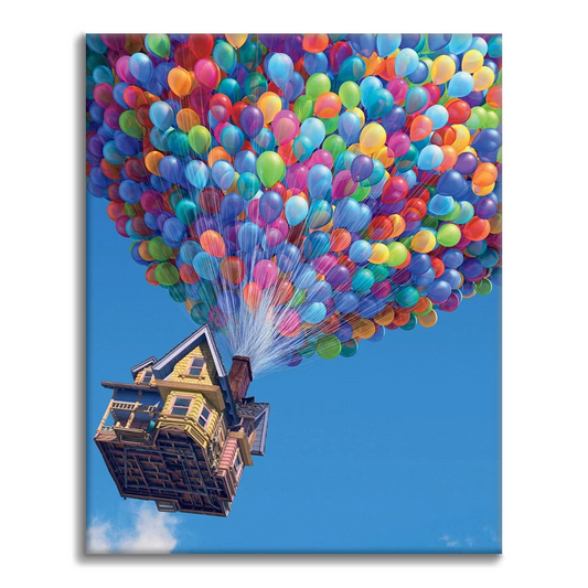 Casa volante con palloncini colorati - Dipingere con i Numeri