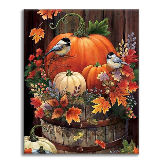 Foglie di uccello e zucca autunnale - Dipingere con i Numeri