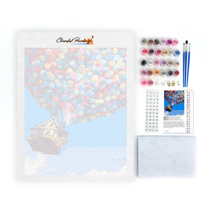 Casa volante con palloncini colorati - Dipingere con i Numeri