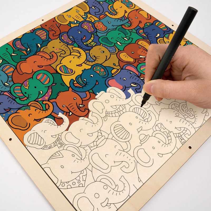 Festa degli elefanti - Puzzle in legno da colorare