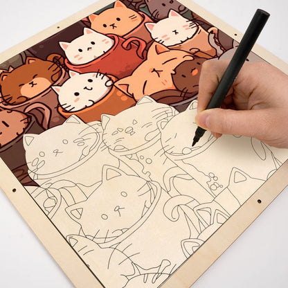 Gatti nelle tazze - Puzzle in legno da colorare