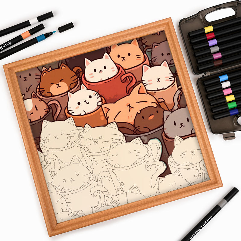 Gatti nelle tazze - Puzzle in legno da colorare