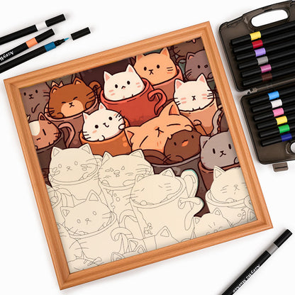Gatti nelle tazze - Puzzle in legno da colorare