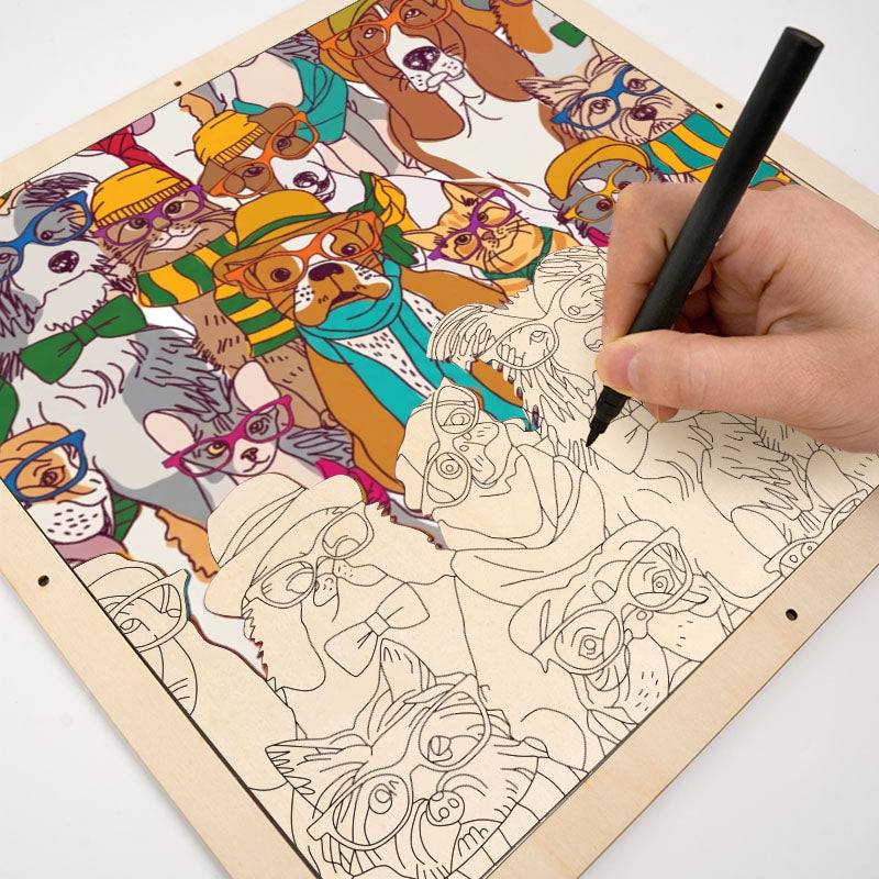 Cani con gli occhiali - Puzzle in legno da colorare