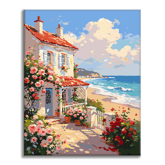 Cottage di rose sul mare - Dipingere con i Numeri