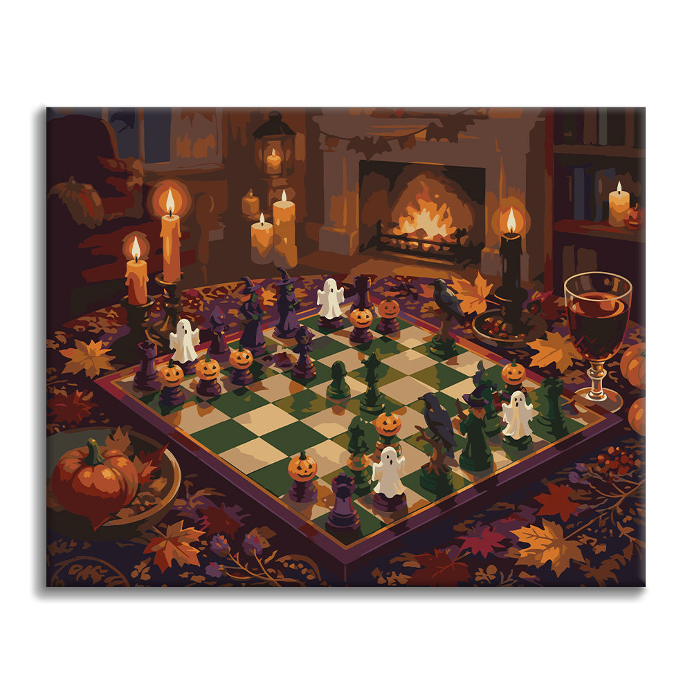 Scacchi di Halloween accanto al camino – Dipingere con i Numeri