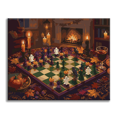 Scacchi di Halloween accanto al camino – Dipingere con i Numeri