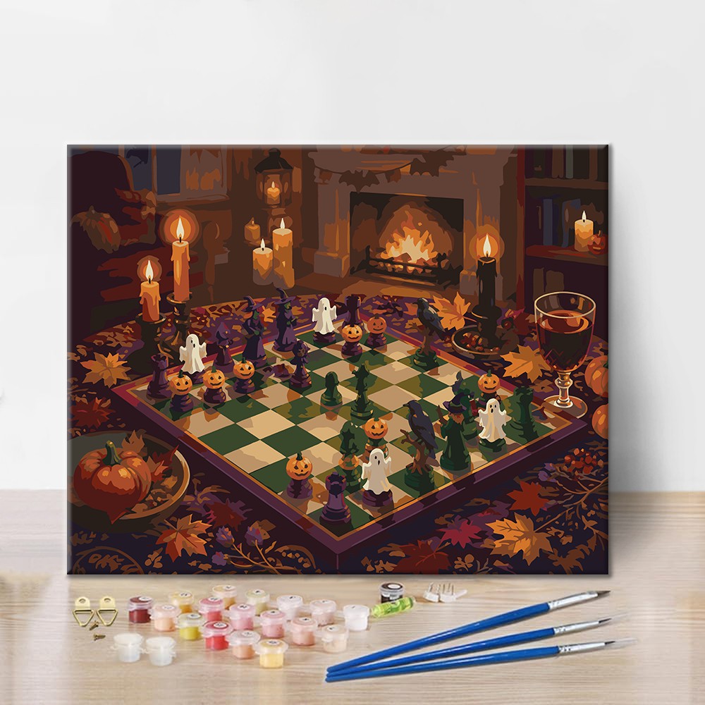 Scacchi di Halloween accanto al camino – Dipingere con i Numeri