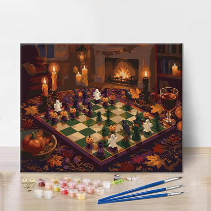 Scacchi di Halloween accanto al camino – Dipingere con i Numeri