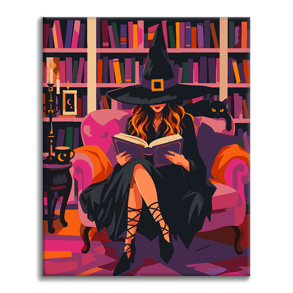 Strega che legge in una biblioteca rosa – Dipingere con i Numeri
