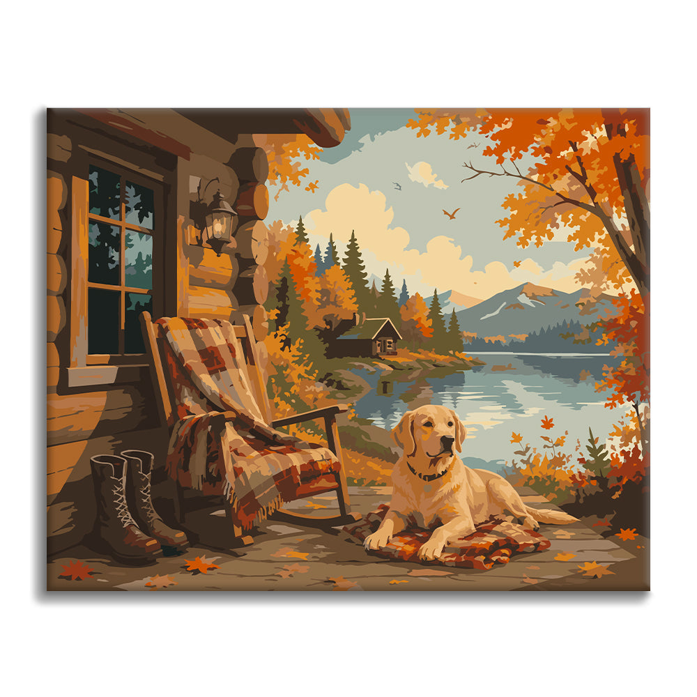 Labrador presso una baita sul lago in autunno – Dipingere con i Numeri