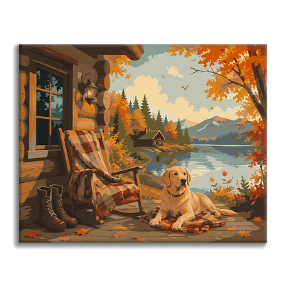 Labrador presso una baita sul lago in autunno – Dipingere con i Numeri