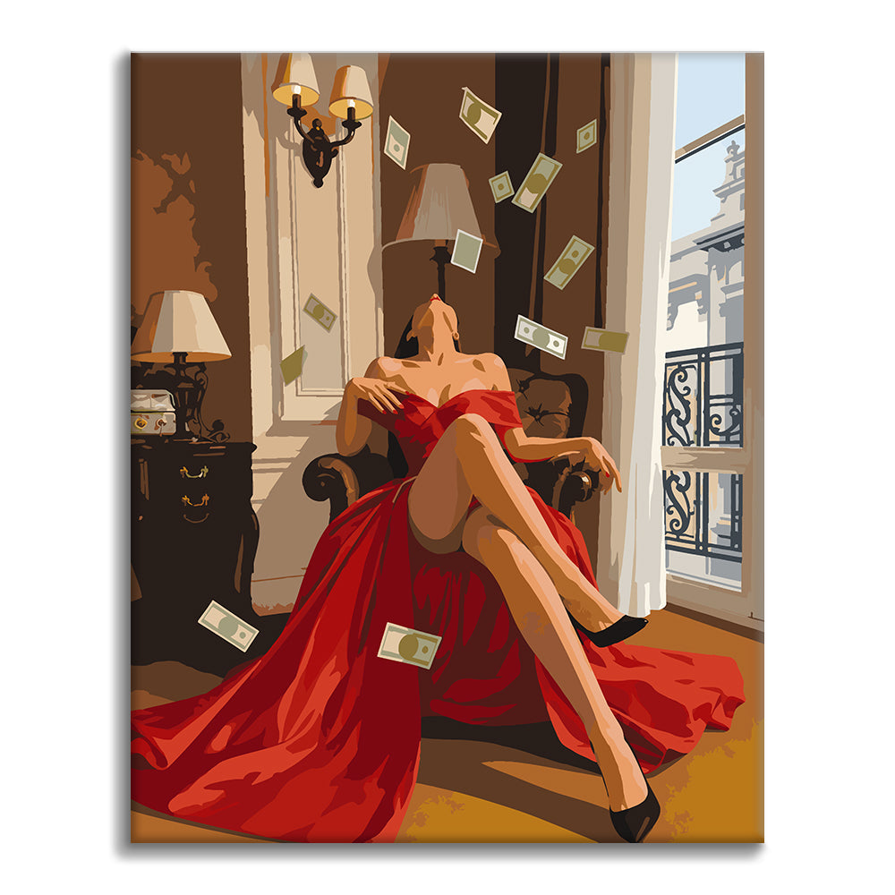 Donna in rosso con banconote volanti – Dipingere con i Numeri