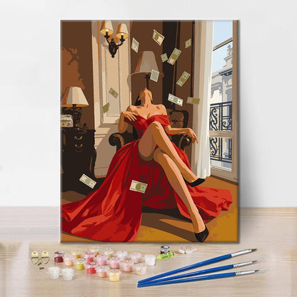 Donna in rosso con banconote volanti – Dipingere con i Numeri