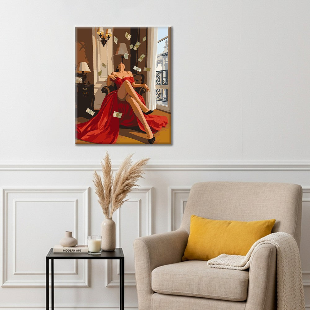Donna in rosso con banconote volanti – Dipingere con i Numeri