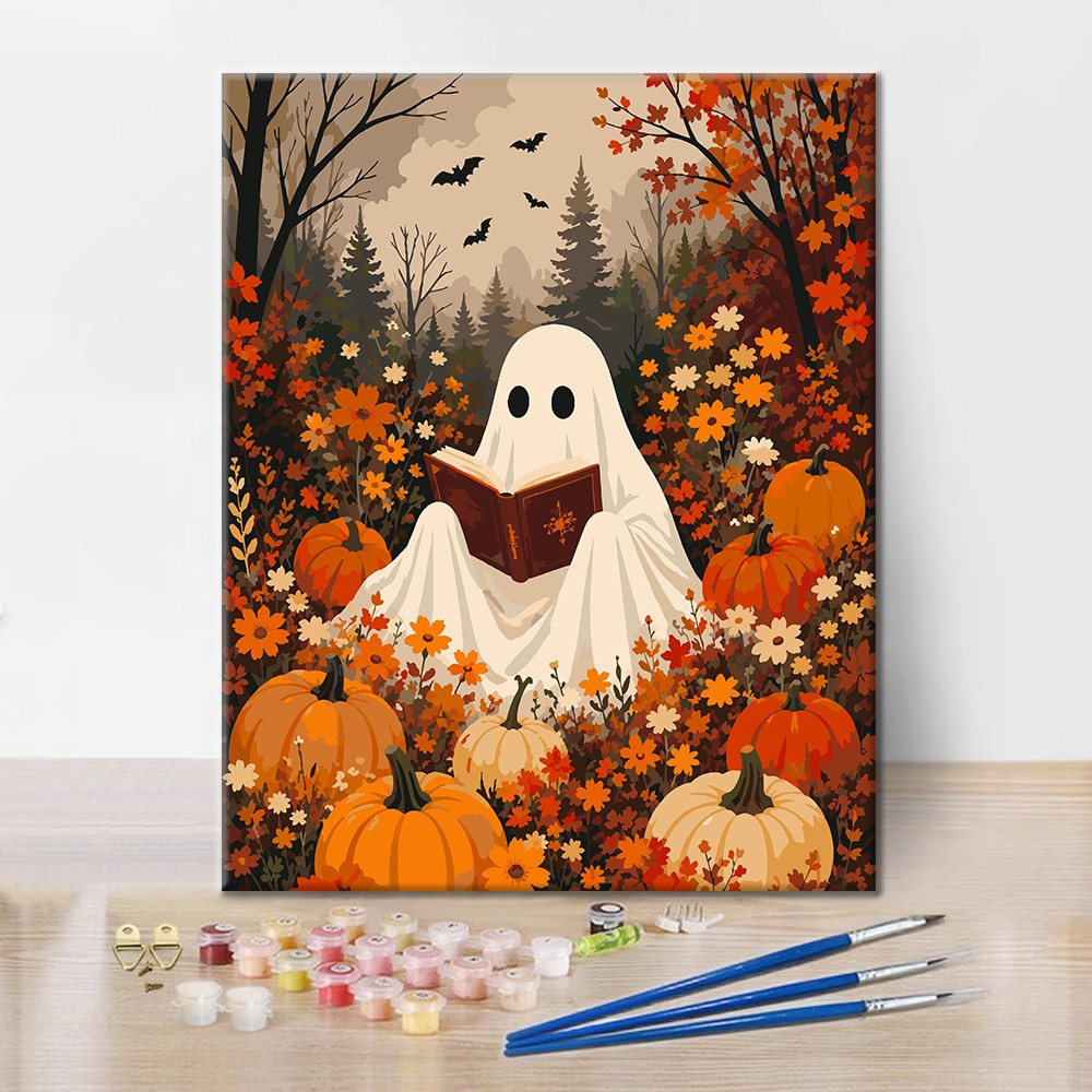 Fantasma che legge tra le zucche – Dipingere con i Numeri