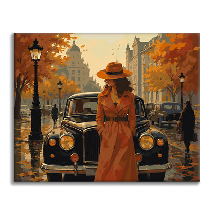 Donna accanto a un’auto classica in autunno – Dipingere con i Numeri