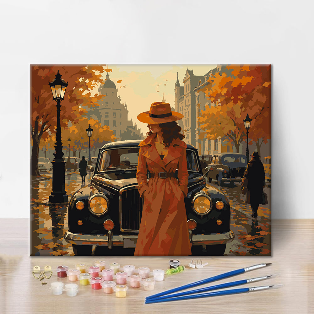 Donna accanto a un’auto classica in autunno – Dipingere con i Numeri