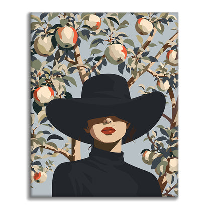 Donna con cappello nero tra rami di pero – Dipingere con i Numeri