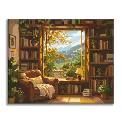 Biblioteca soleggiata con vista sulle montagne – Dipingere con i Numeri