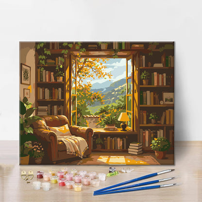 Biblioteca soleggiata con vista sulle montagne – Dipingere con i Numeri