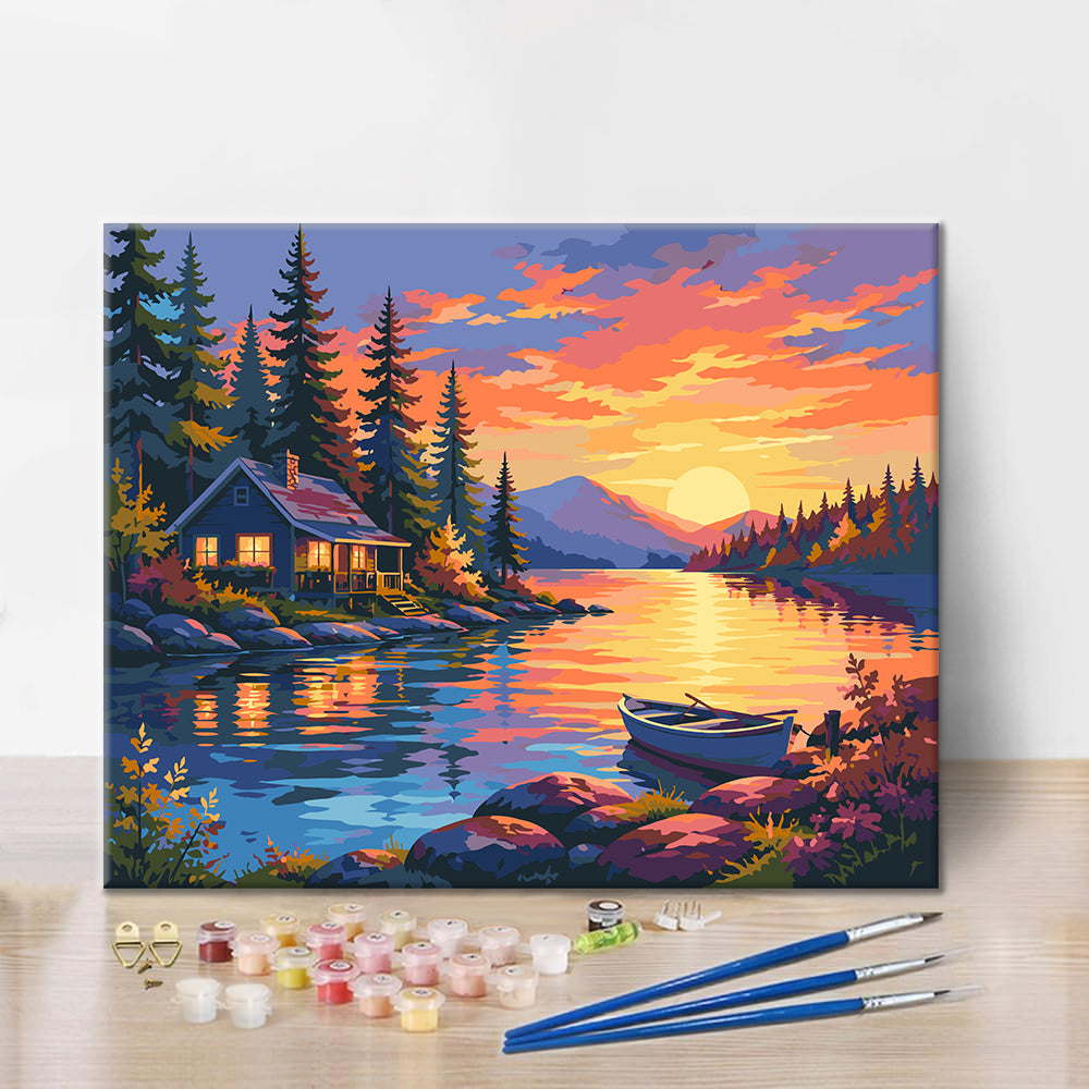 Baita sul lago al tramonto – Dipingere con i Numeriri