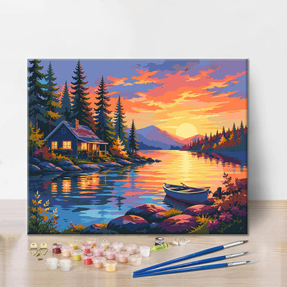 Baita sul lago al tramonto – Dipingere con i Numeriri