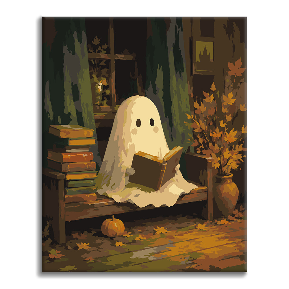 Fantasma che legge in una biblioteca autunnale – Dipingere con i Numeri