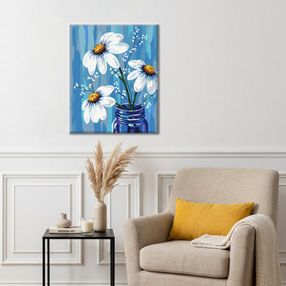 Margherite bianche in un vaso blu – Dipingere con i Numeri