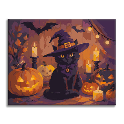 Gatto nero con zucche di Halloween – Dipingere con i Numeri