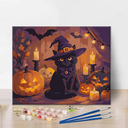Gatto nero con zucche di Halloween – Dipingere con i Numeri