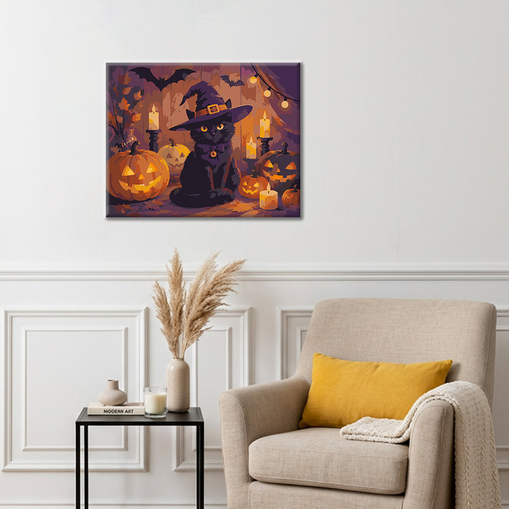 Gatto nero con zucche di Halloween – Dipingere con i Numeri
