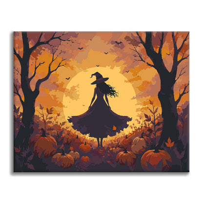 Silhouette di strega nel bosco di zucche – Dipingere con i Numeri