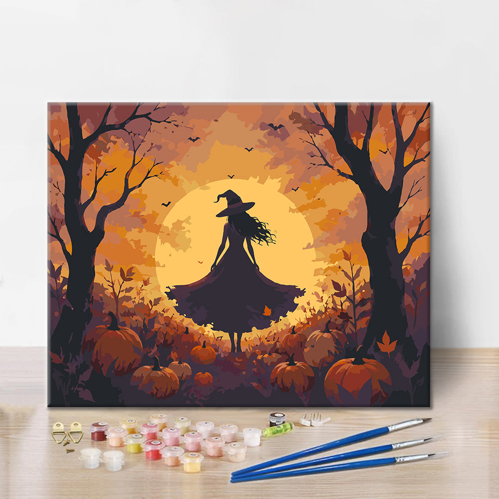Silhouette di strega nel bosco di zucche – Dipingere con i Numeri