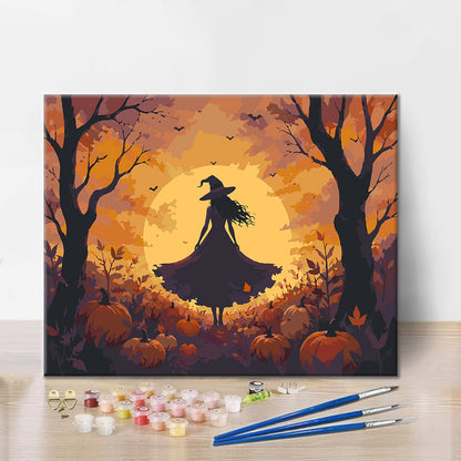 Silhouette di strega nel bosco di zucche – Dipingere con i Numeri