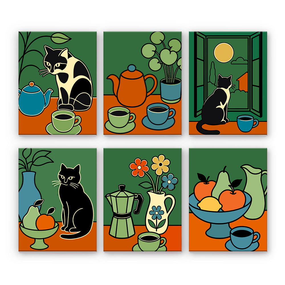 Natura morta con gatti e caffè